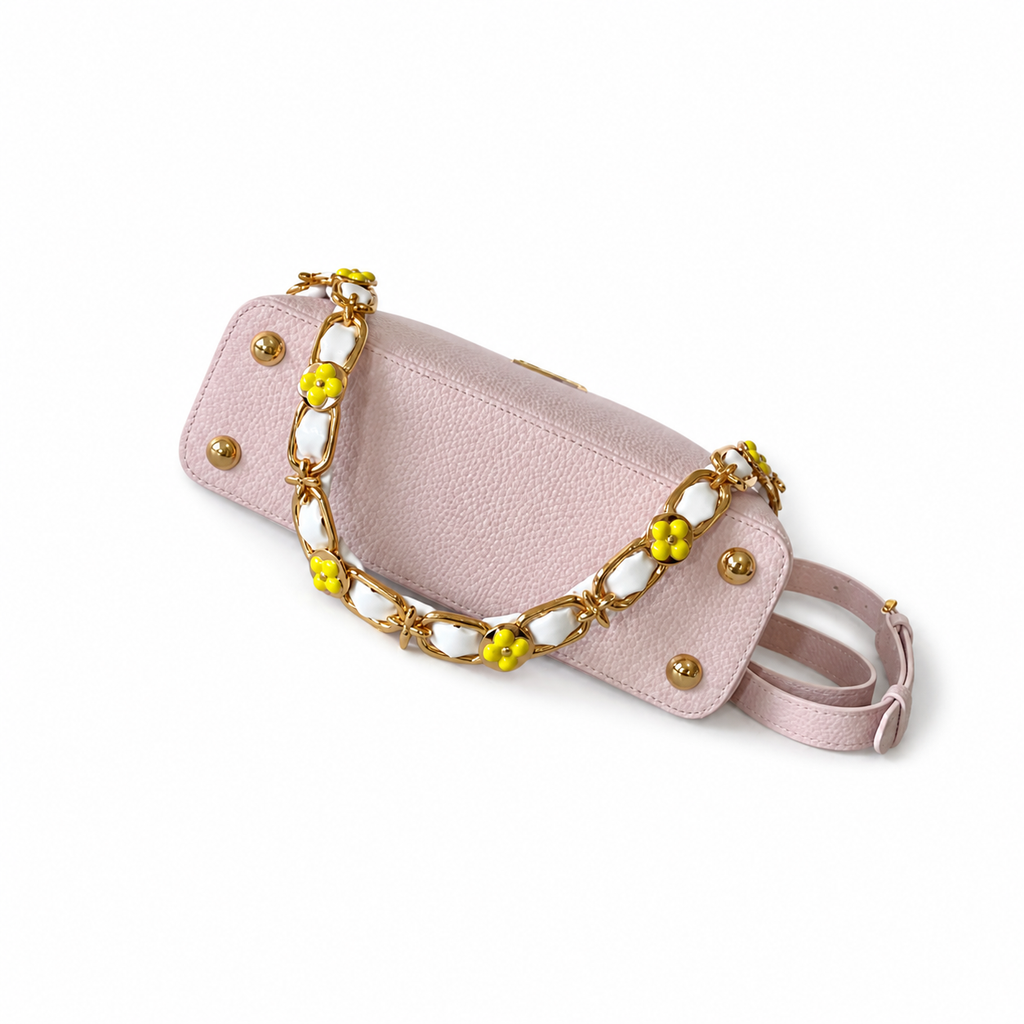 Louis Vuitton Capucines — Taurillon Leather in Rose Poudre with Yellow Flower Enamel Chain