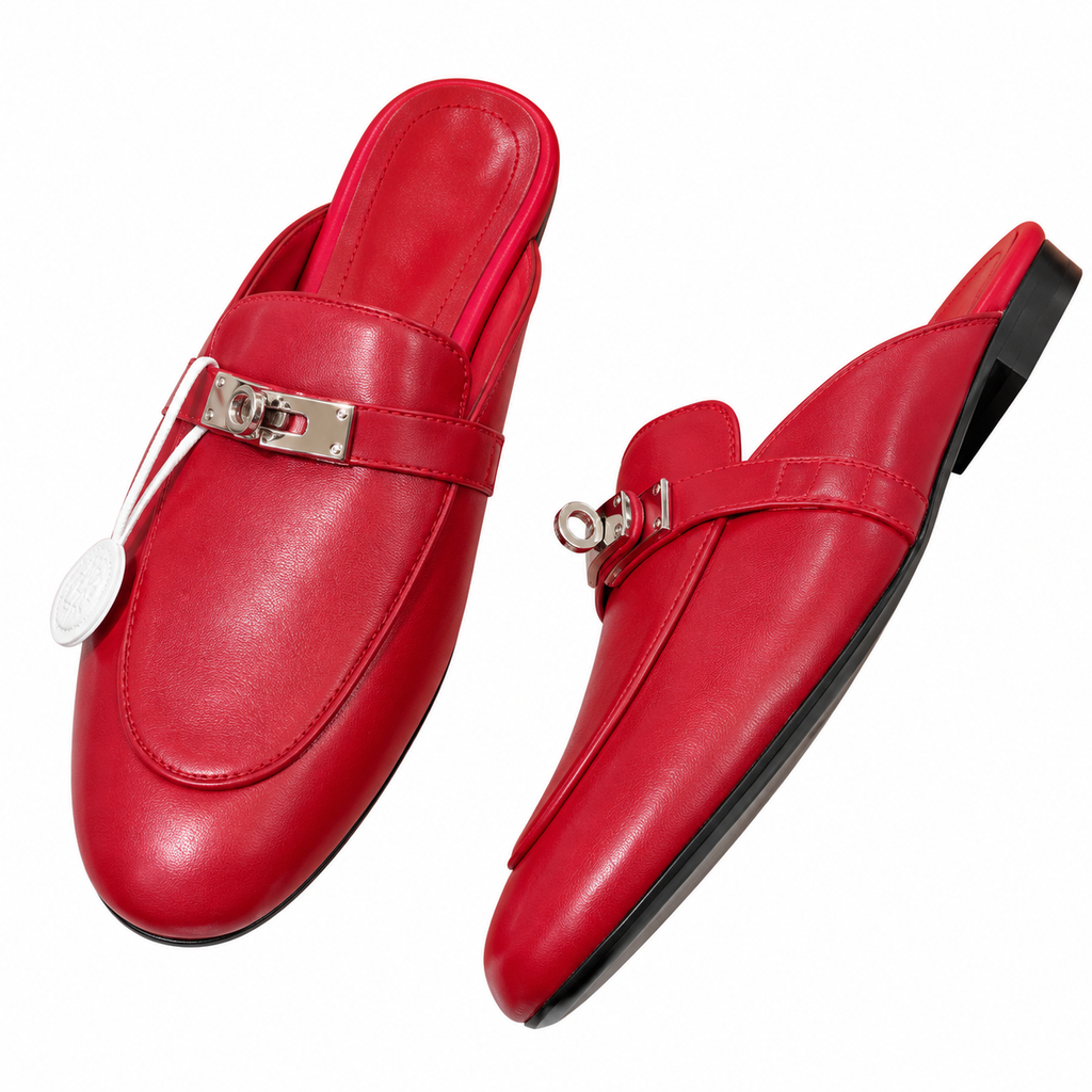 Hermès Red Mules with Gold-Tone Hardware