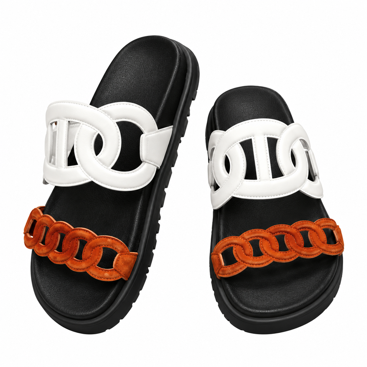 Hermès White & Tan Chain Detail Slide Sandals