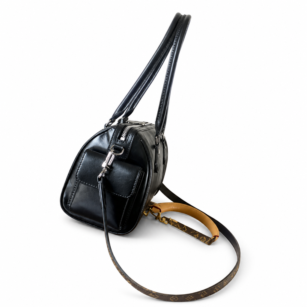 Louis Vuitton Mini Boston — Noir Black Smooth Calfskin, Monogram Canvas Strap, LV Paris Inscription & Luggage Tag