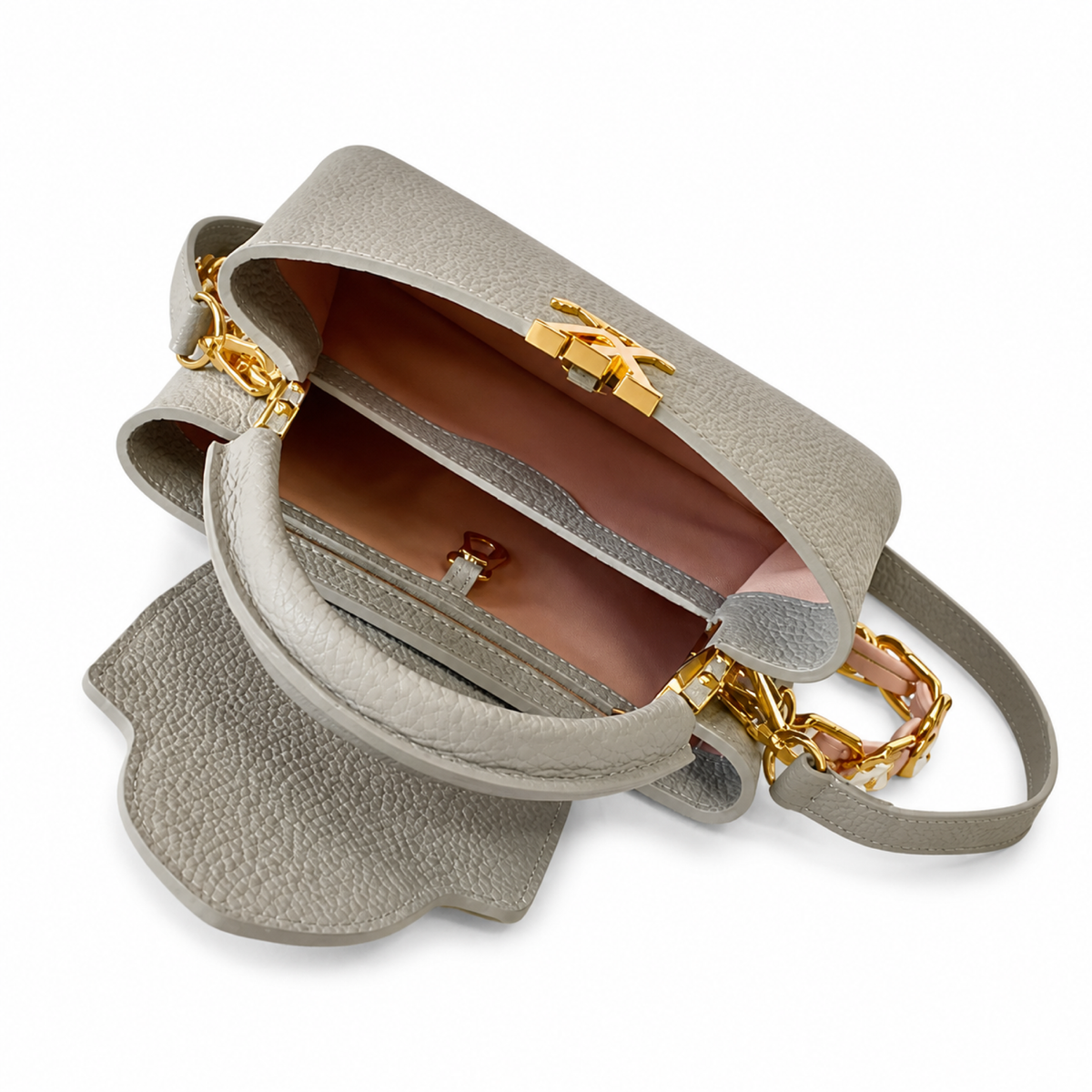 Louis Vuitton Capucines — Taurillon Leather in Perle with Pearl Flower Chain & Pink Leather Weave