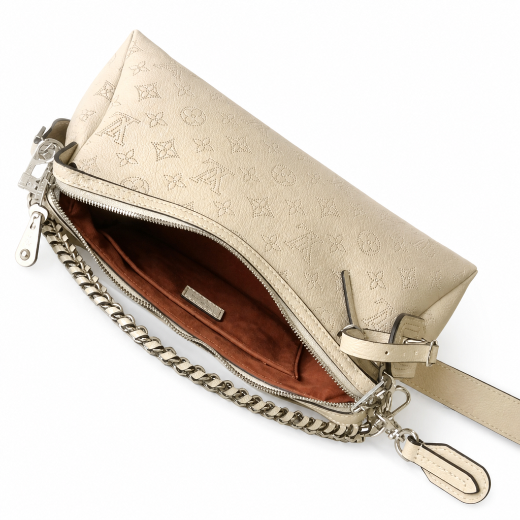Louis Vuitton Mahina Belt Bag — Crème Ivoire Triangular Cone, Silver Chain & Leather Luggage Tag