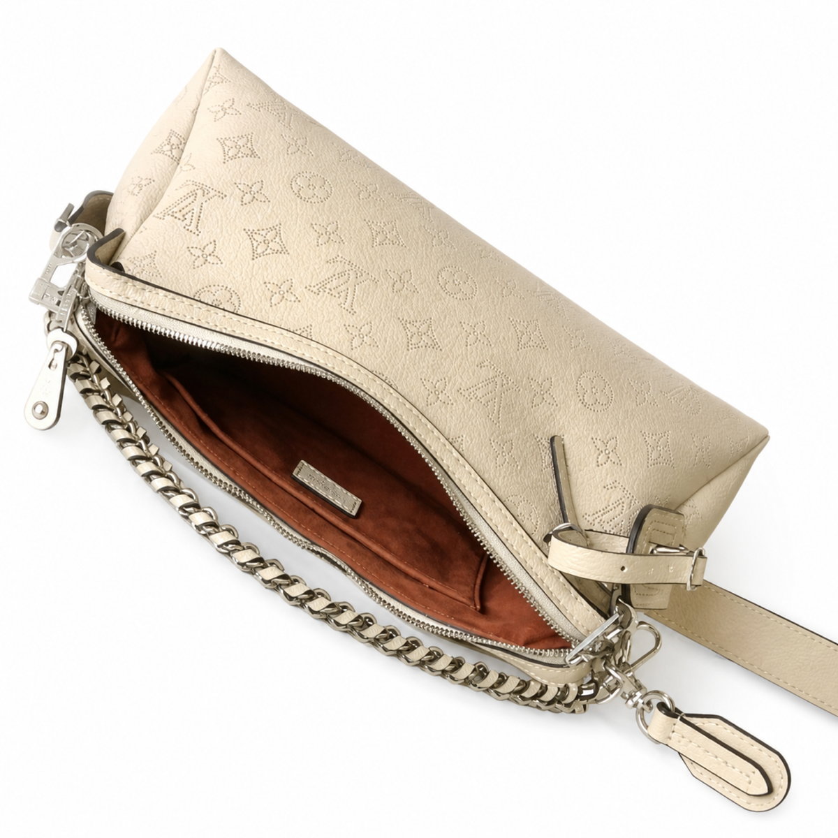 Louis Vuitton Mahina Belt Bag — Crème Ivoire Triangular Cone, Silver Chain & Leather Luggage Tag