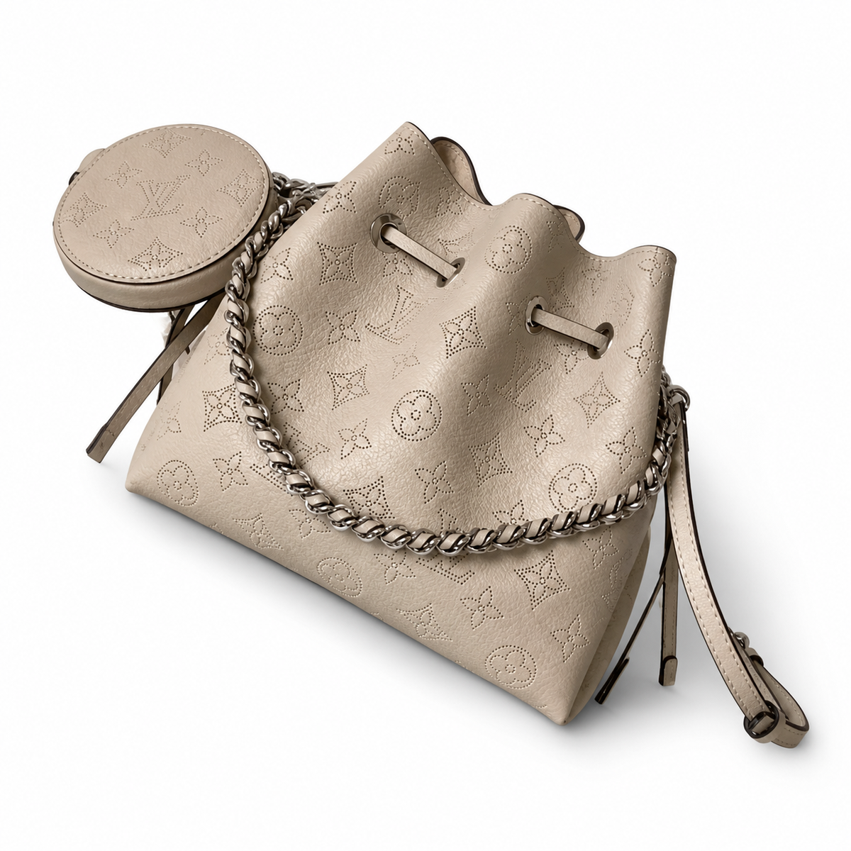 Louis Vuitton Mahina Mini Bucket — Crème Ivoire Perforated, Silver Chain, Drawstring & Round Coin Purse Set