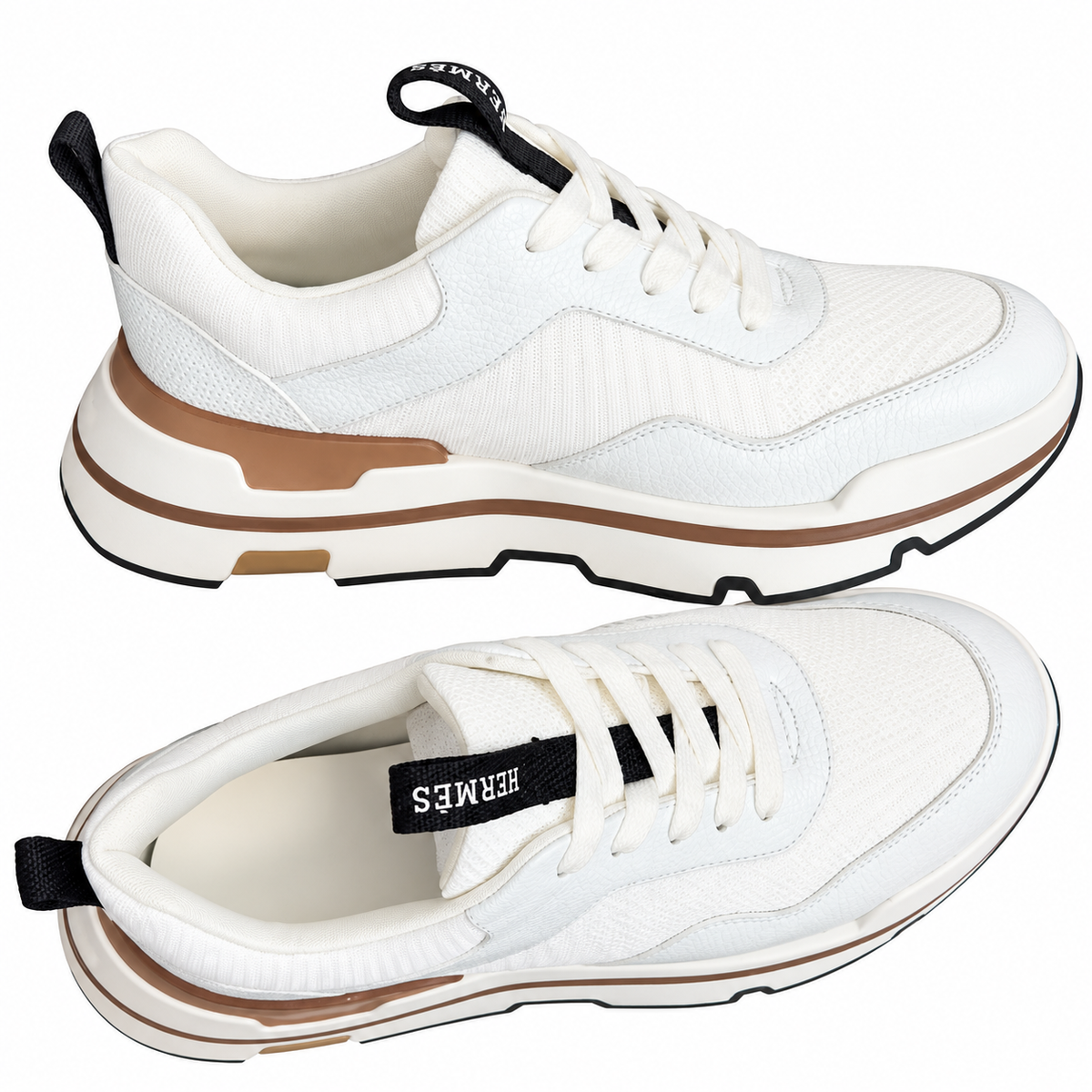 Hermès White Mesh Lace-Up Sneakers | Tan Trim