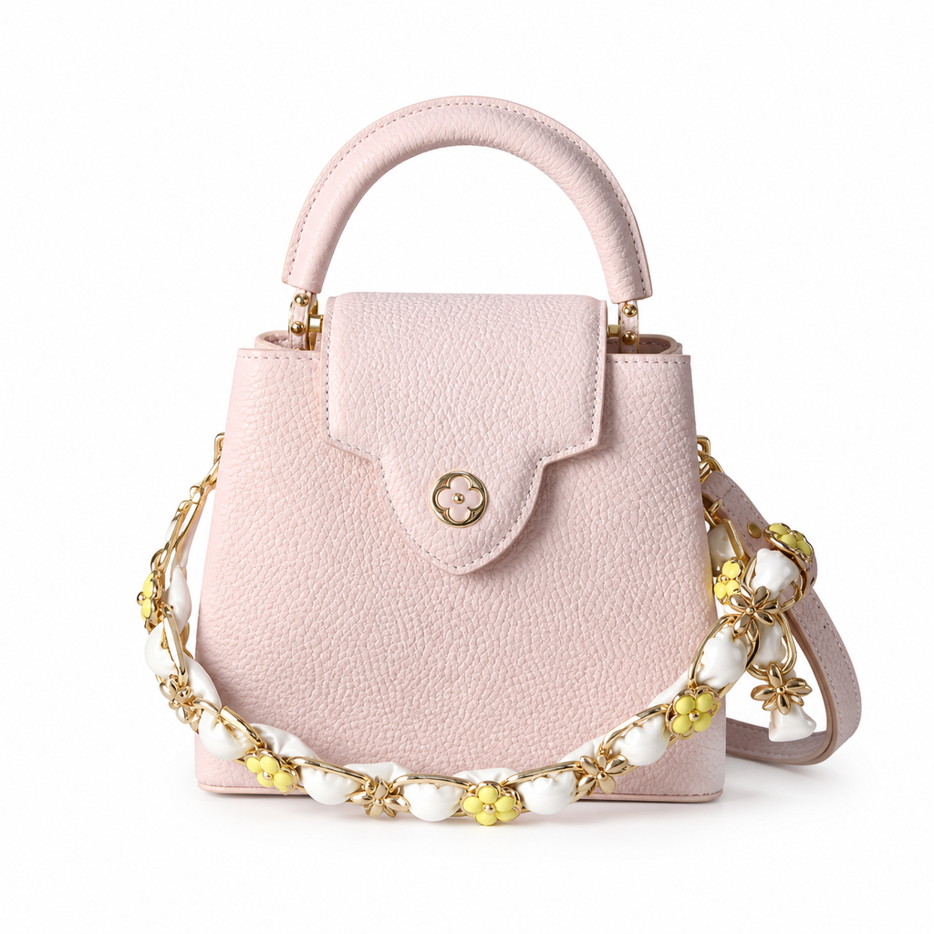 Louis Vuitton Capucines Mini — Taurillon Leather in Rose Poudre with Floral Enamel Chain