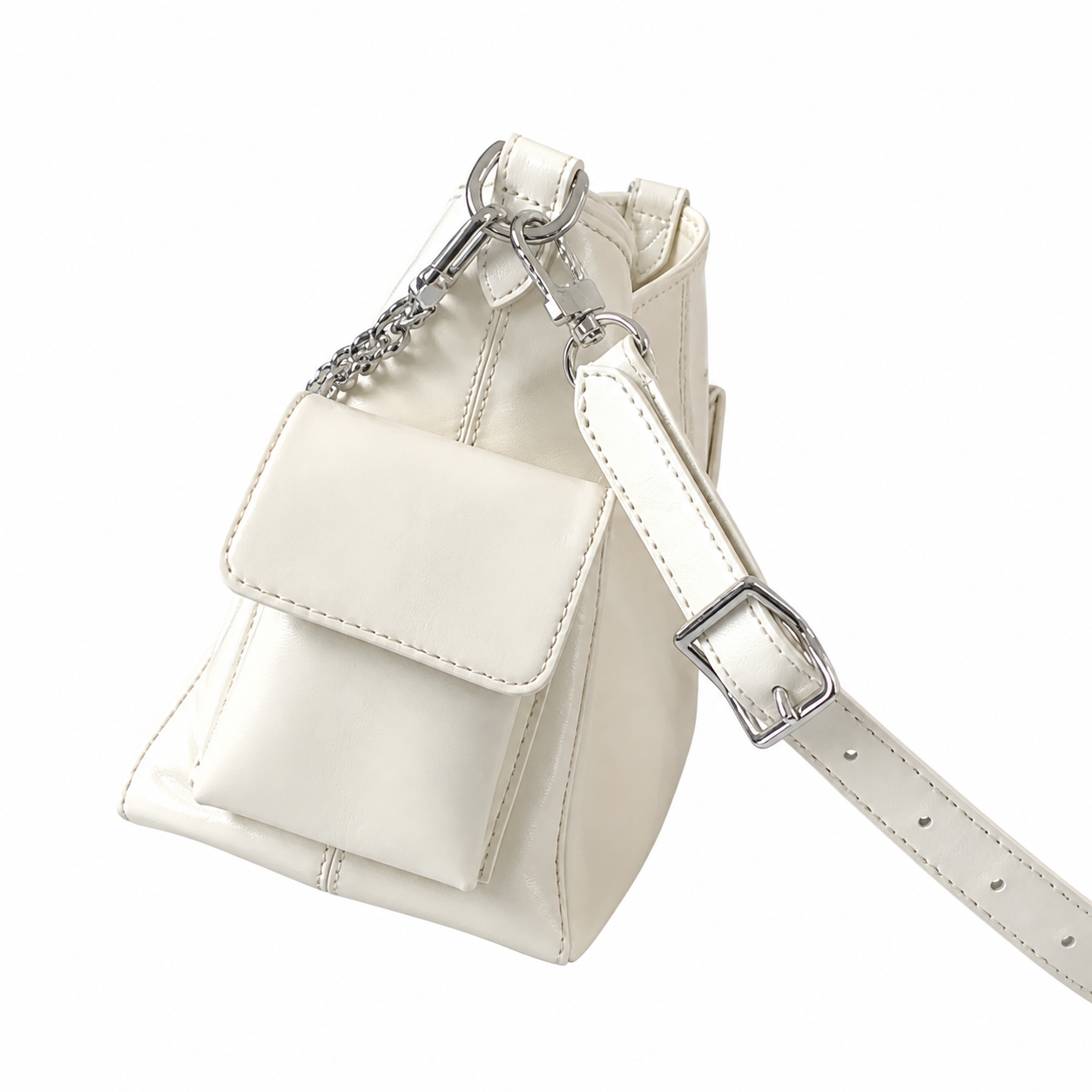 Louis Vuitton Large Shoulder Bag — Blanc Ivoire Smooth Calfskin, Silver Chain, Dome Stud Feet & Monogram Tag
