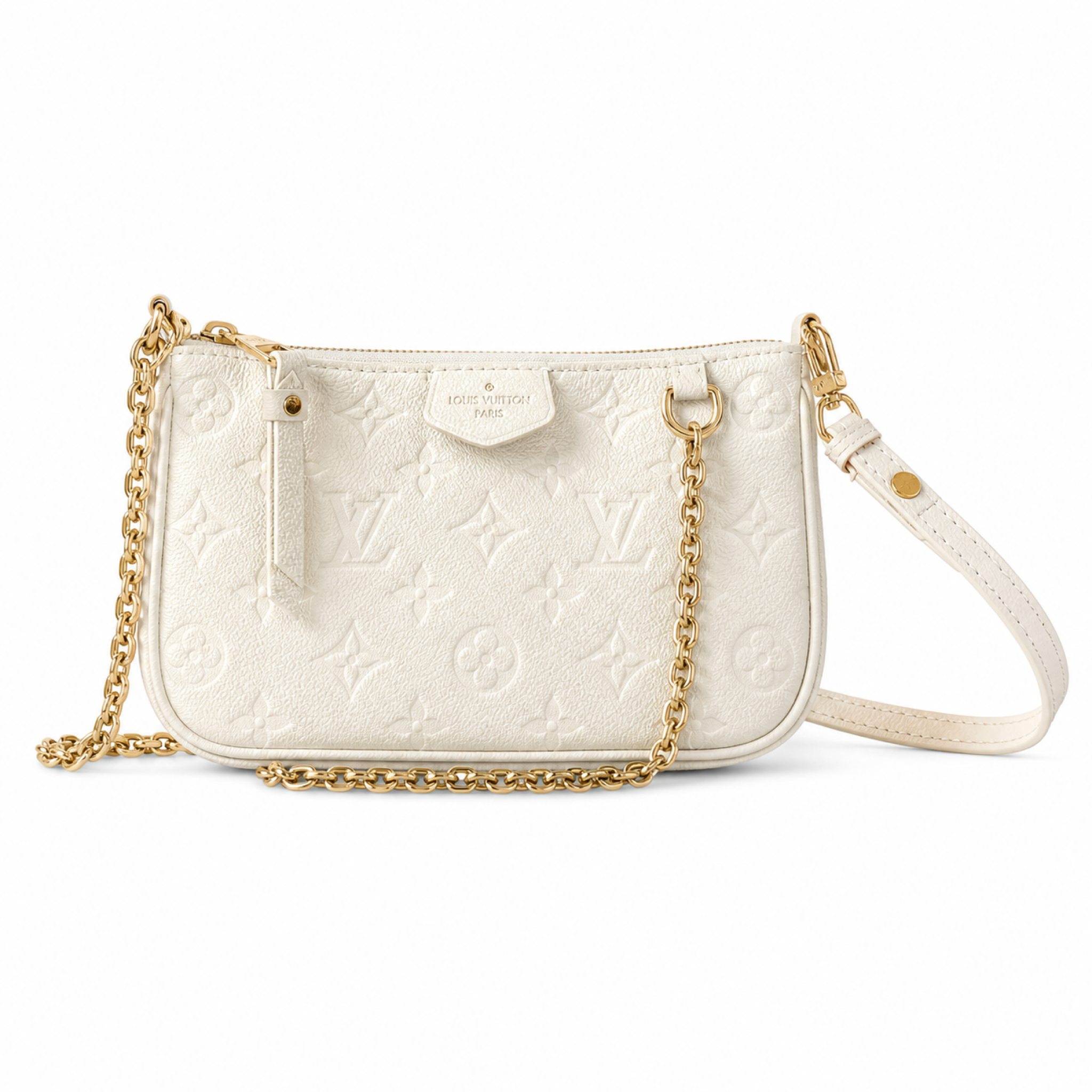 Louis Vuitton Félicie Pochette — Cream Empreinte, Gold Chain & Wristlet Ring