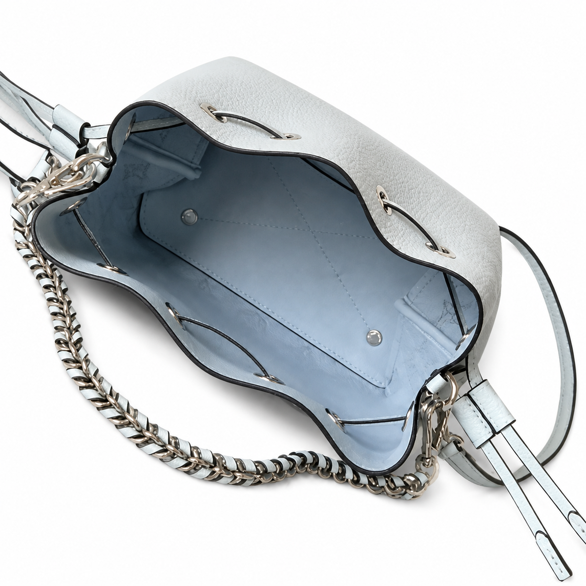 Louis Vuitton Mahina Mini Bucket — Bleu Glacier Perforated, Dual Leather Straps & Silver Ring Hardware