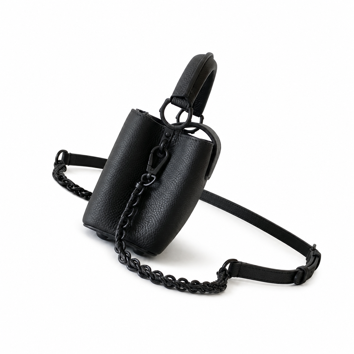 Louis Vuitton Capucines Mini — Noir Taurillon, Matte Black LV Turn-Lock & Black Chain Strap