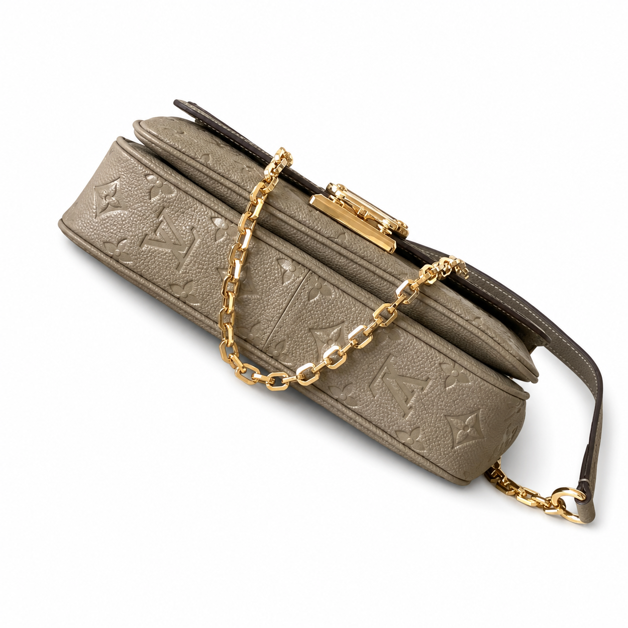 Louis Vuitton Flap Chain Bag — Taupe Empreinte, Square Push-Lock & Chunky Gold Chain