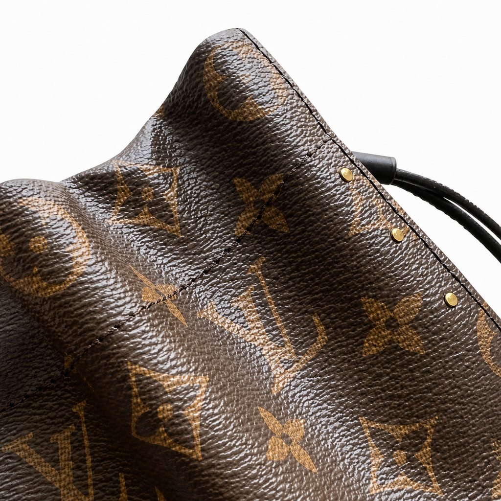Louis Vuitton Nano Noé — Monogram Canvas, All-Over Gold Studs, Wide Black Leather Strap & Corner Guards