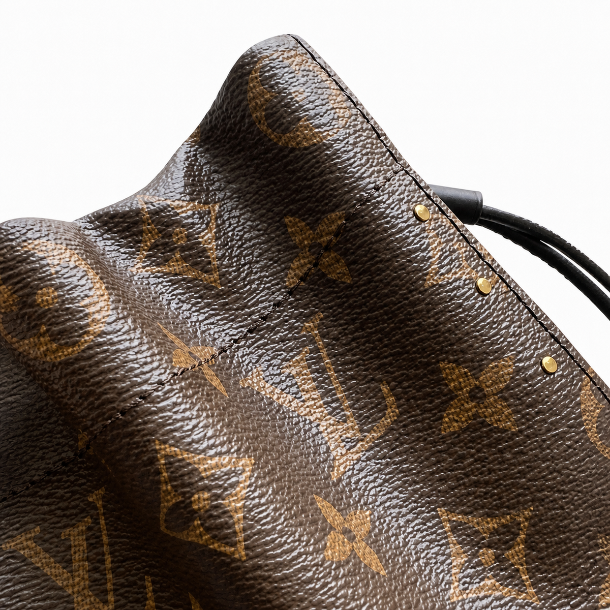 Louis Vuitton Nano Noé — Monogram Canvas, All-Over Gold Studs, Wide Black Leather Strap & Corner Guards