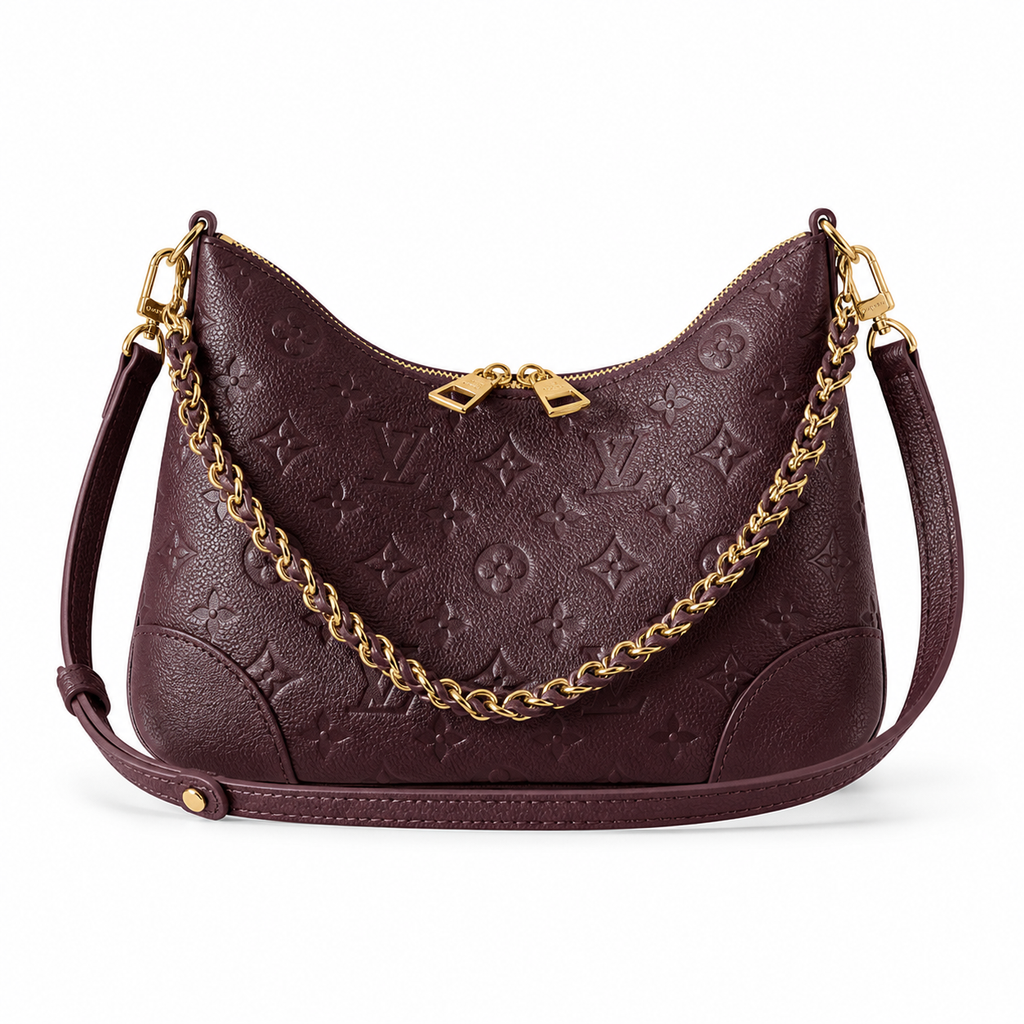Louis Vuitton Bagatelle — Prune Monogram Empreinte & Leather-Woven Gold Chain