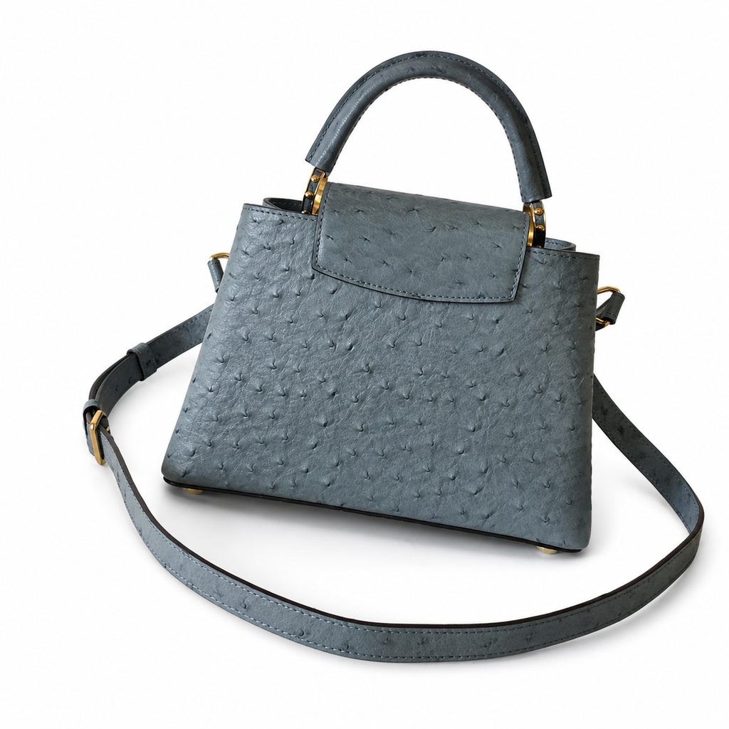 Louis Vuitton Capucines BB — Autruche Ostrich Leather in Bleu Orage with Jewelled Chain & Gold Hardware