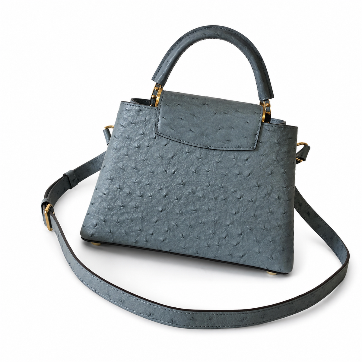 Louis Vuitton Capucines BB — Autruche Ostrich Leather in Bleu Orage with Jewelled Chain & Gold Hardware