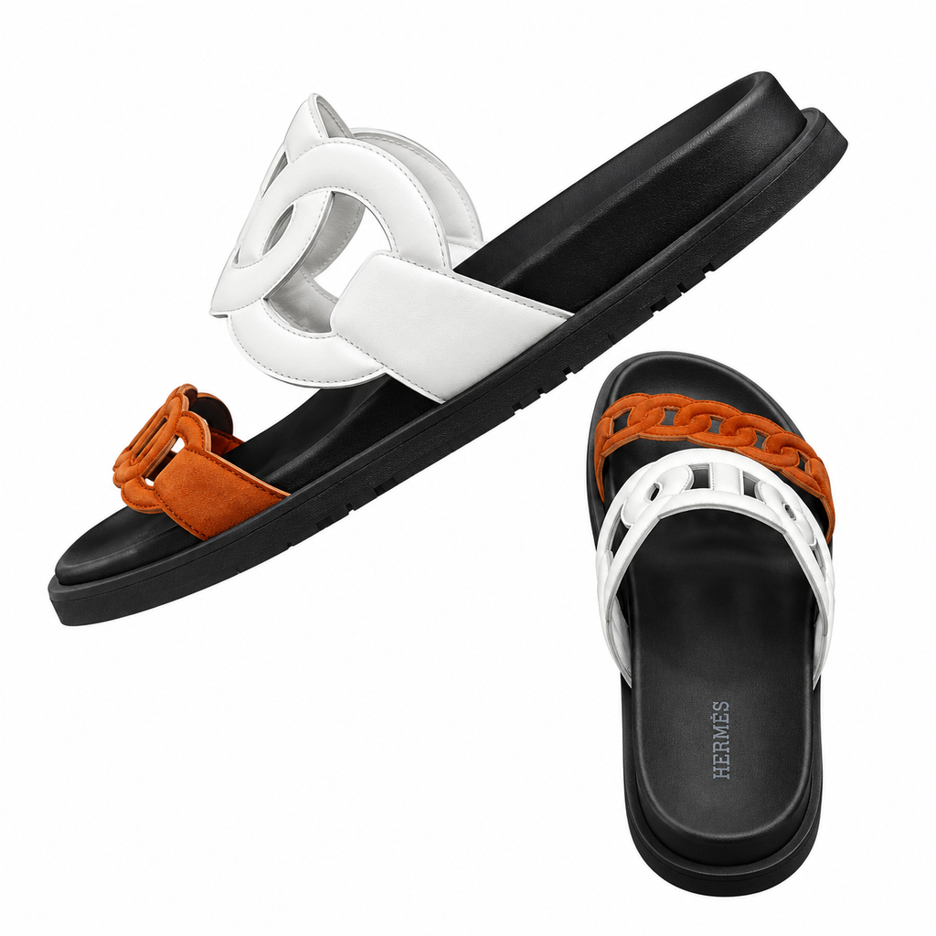 Hermès White and Tan Chain-Link Slide Sandals