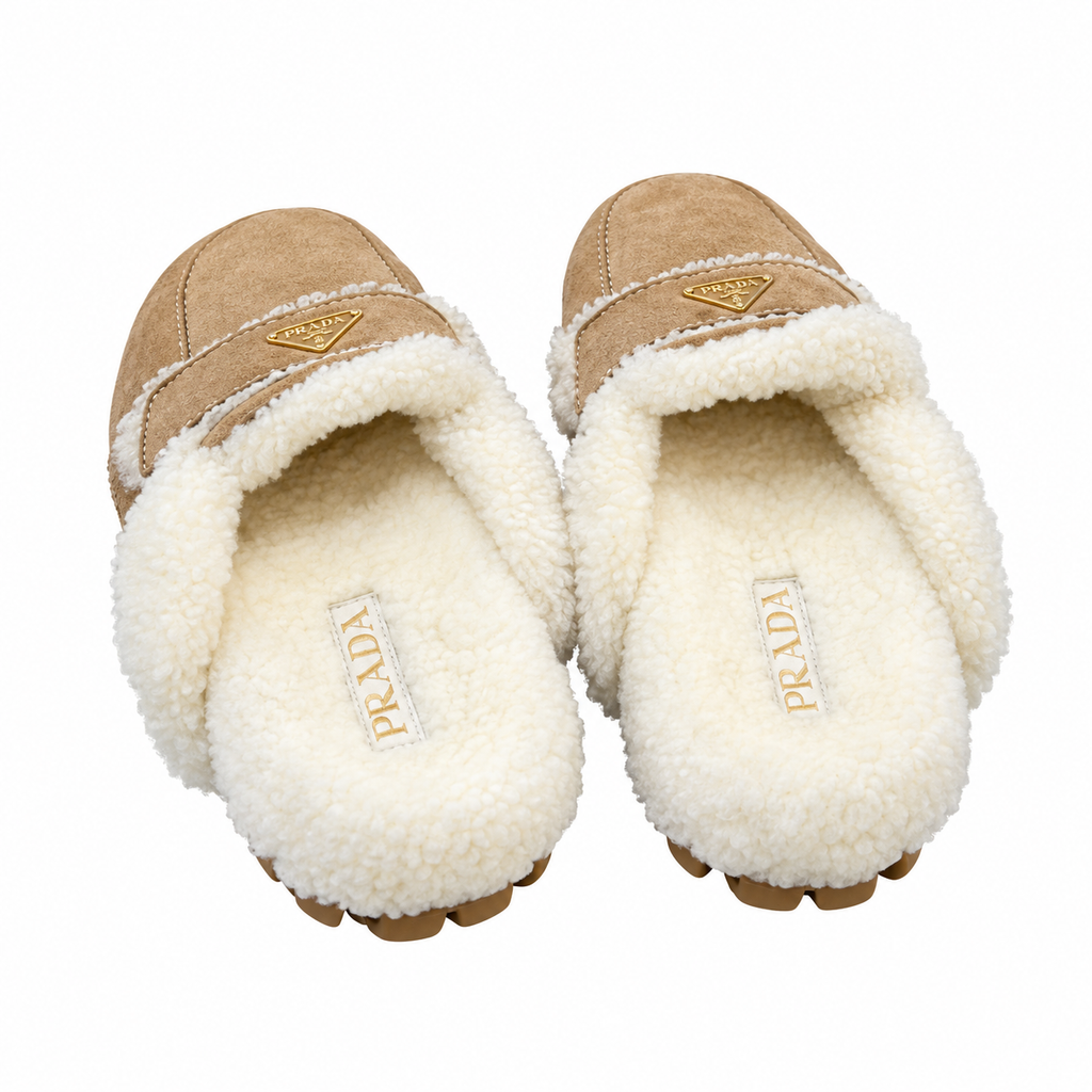 Prada Camel Plush-Trim Lug-Sole Loafer Mules