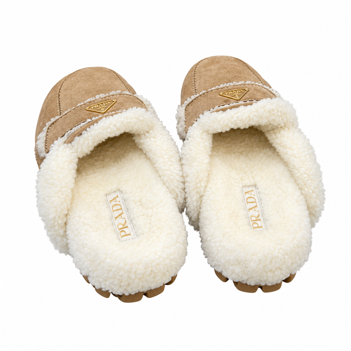 Prada Camel Plush-Trim Lug-Sole Loafer Mules