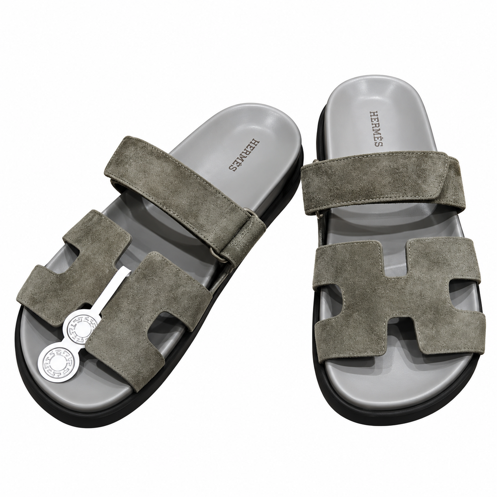 Hermès Grey Textured Leather H-Cutout Slides