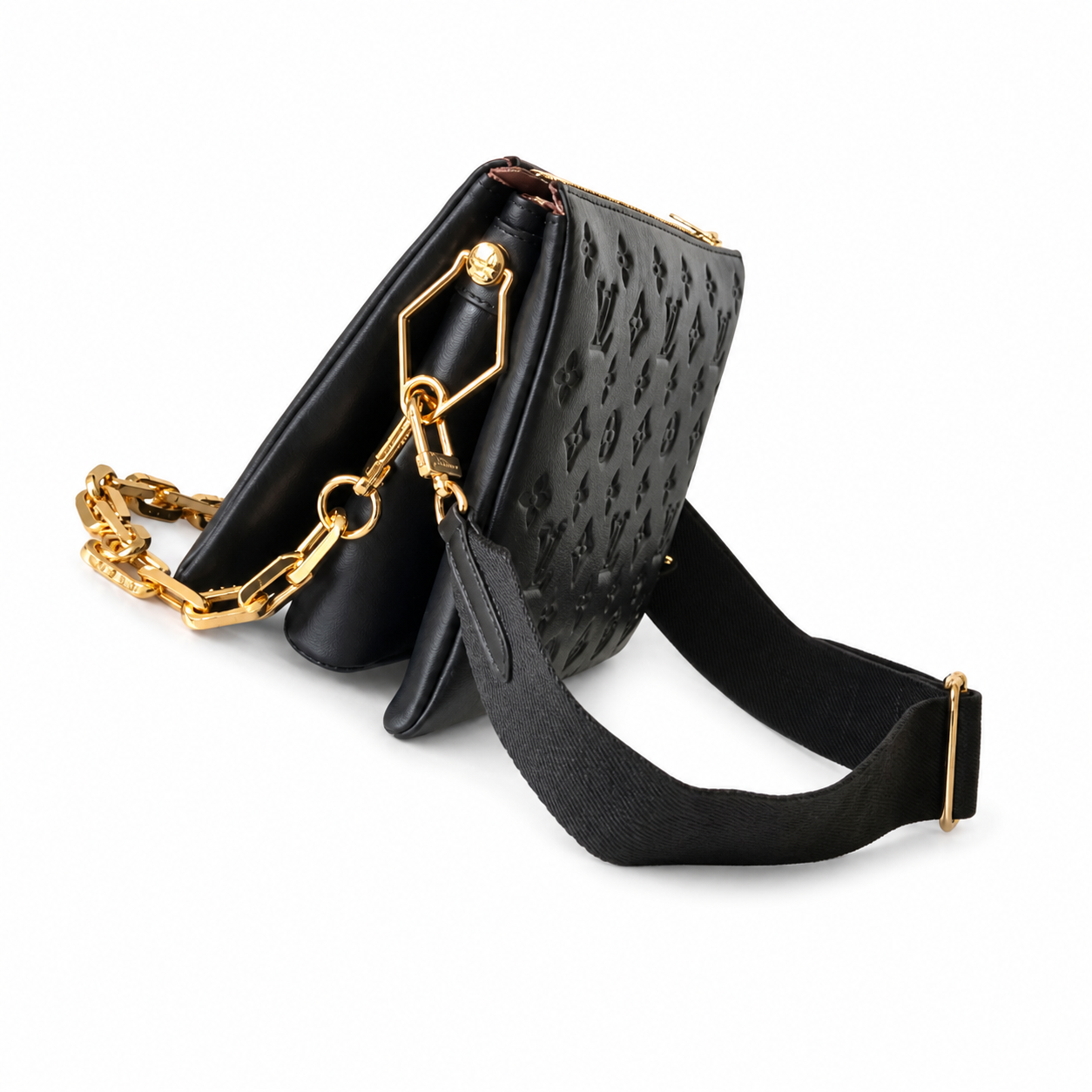 Louis Vuitton Coussin — Black Empreinte Lambskin, 3D Monogram, Fabric Strap & Gold Chain Connector