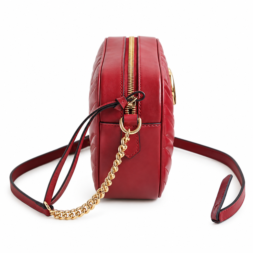 Gucci GG Marmont Small Camera Bag in Hibiscus Red Matelassé