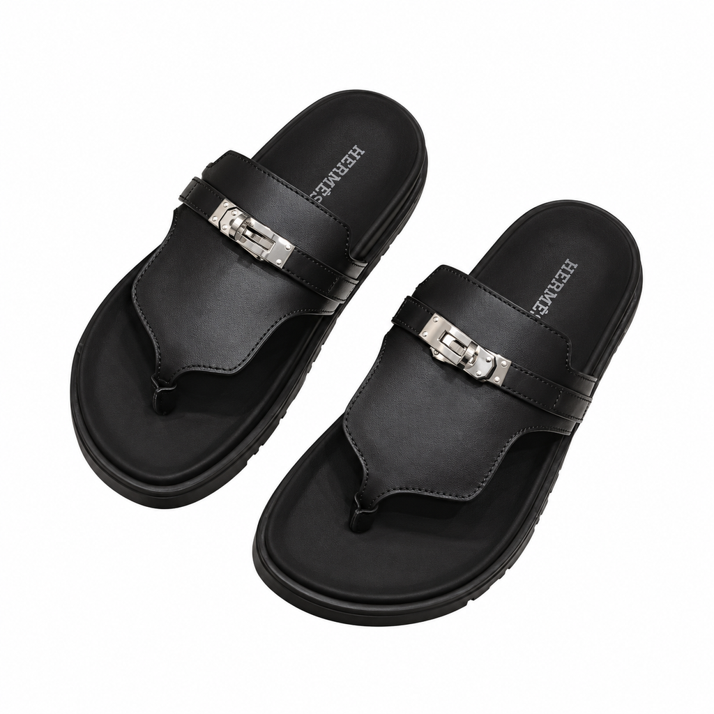 Hermès Black Thong Sandals with Silver Buckle