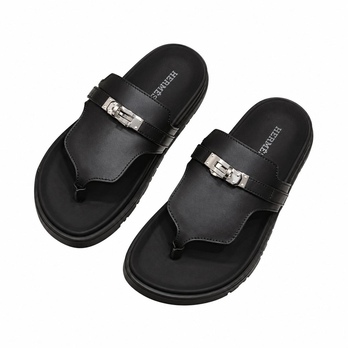 Hermès Black Thong Sandals with Silver Buckle