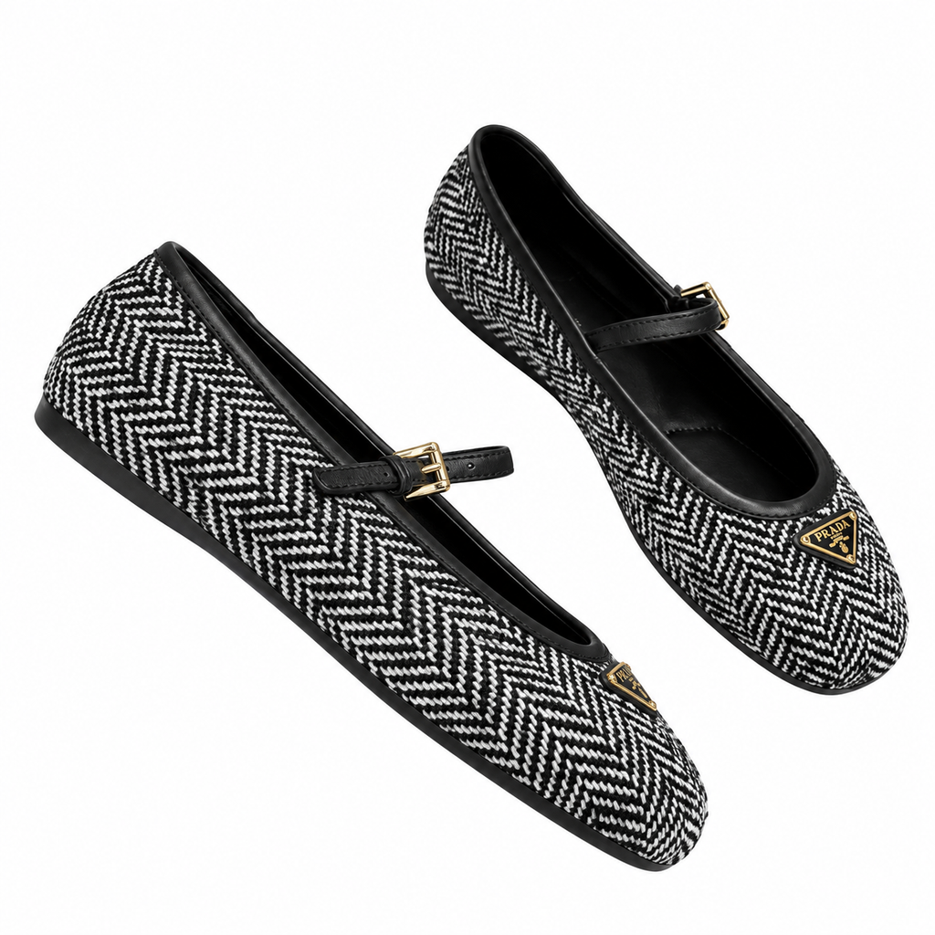 Prada Black Herringbone Mary Jane Ballet Flats