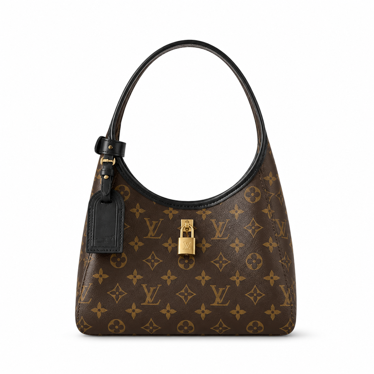 Louis Vuitton Flower Hobo — Monogram Canvas, Gold LV Padlock, Black Leather Border & Magnetic Snap