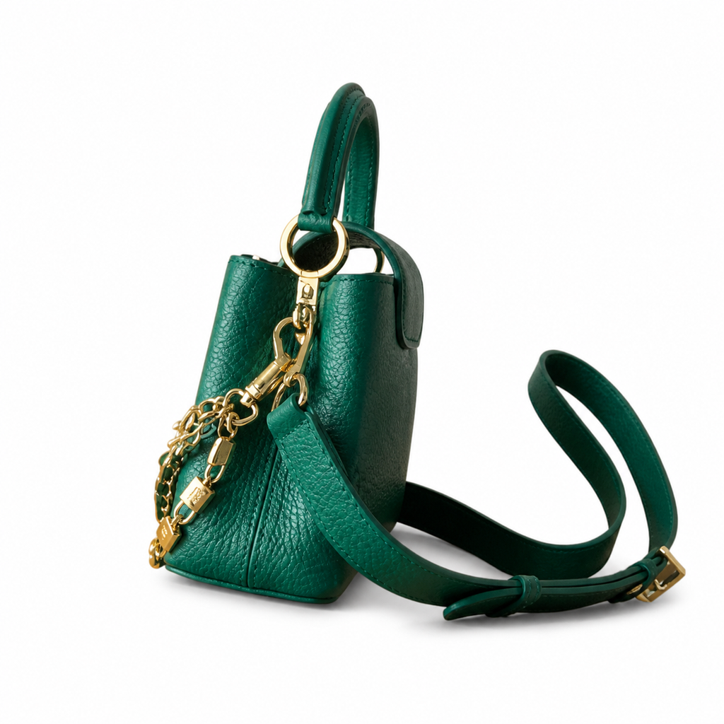 Louis Vuitton Capucines Mini — Taurillon Leather in Vert Émeraude with Triple Gold Chain & Flower Charm