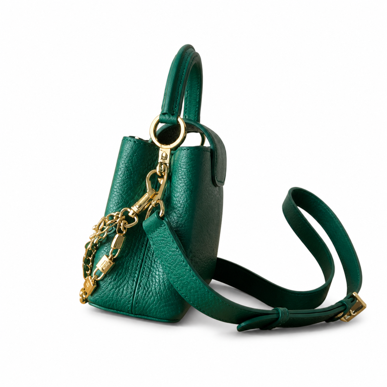Louis Vuitton Capucines Mini — Taurillon Leather in Vert Émeraude with Triple Gold Chain & Flower Charm