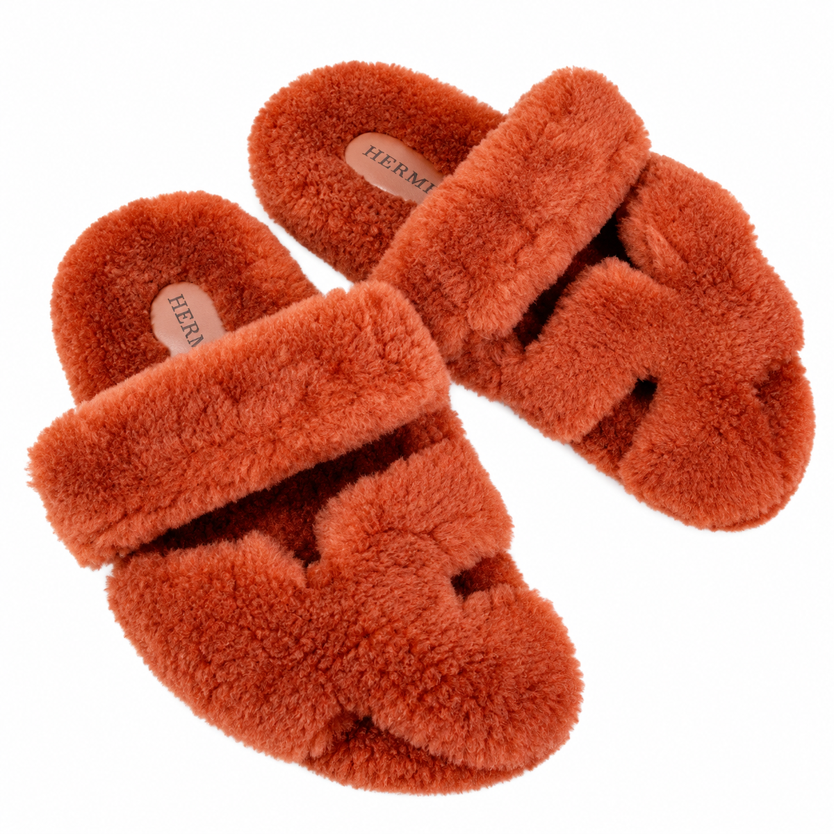 Hermès Burnt Orange Textured H-Strap Slides