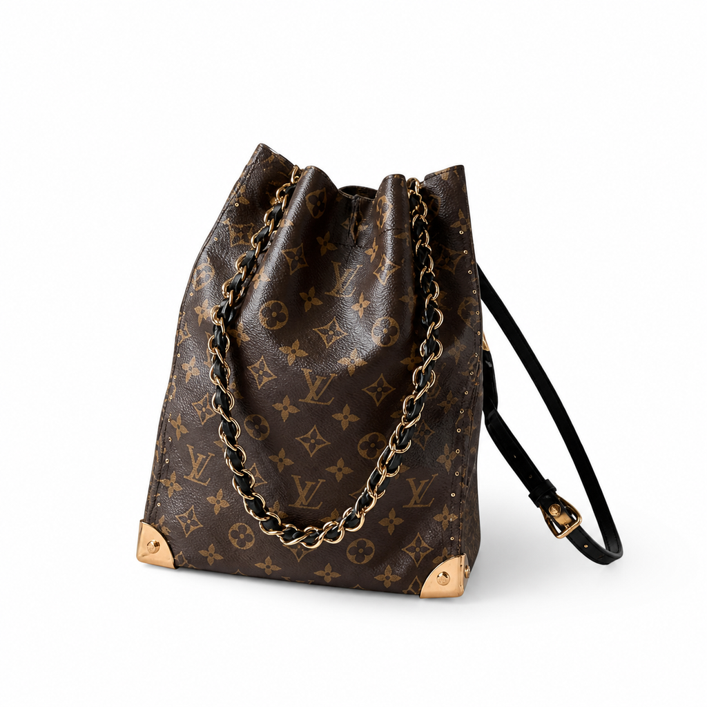 Louis Vuitton Drawstring Bucket — Monogram Canvas, Black Leather Trim, Gold Chain Handle & Corner Guards