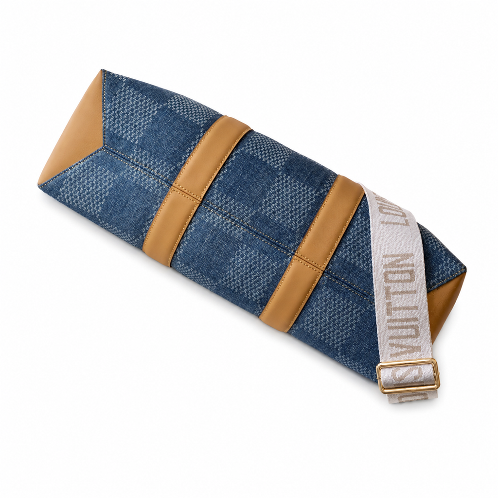 Louis Vuitton On The Go GM — Monogram Denim Canvas, Vachetta Trim & LV Logo Wide Strap