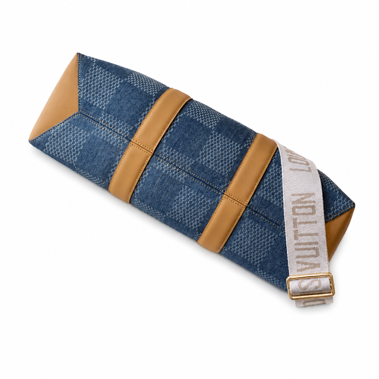 Louis Vuitton On The Go GM — Monogram Denim Canvas, Vachetta Trim & LV Logo Wide Strap