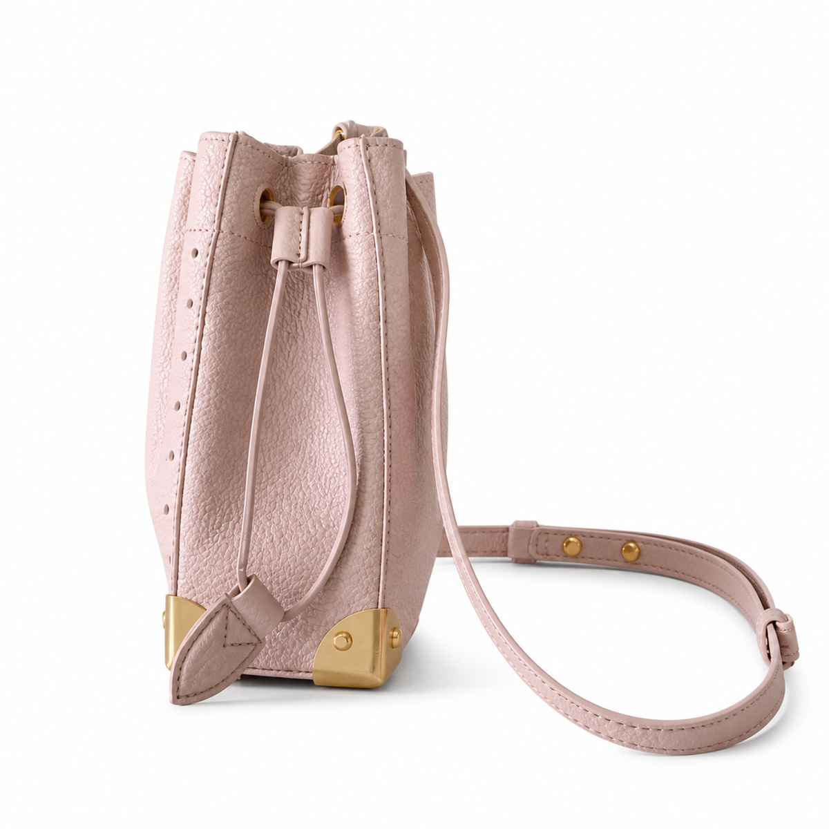 Louis Vuitton Nano Noé — Rose Ballerine Empreinte, All-Over Gold Studs, LV D-Ring Drawstring & Pink Interior