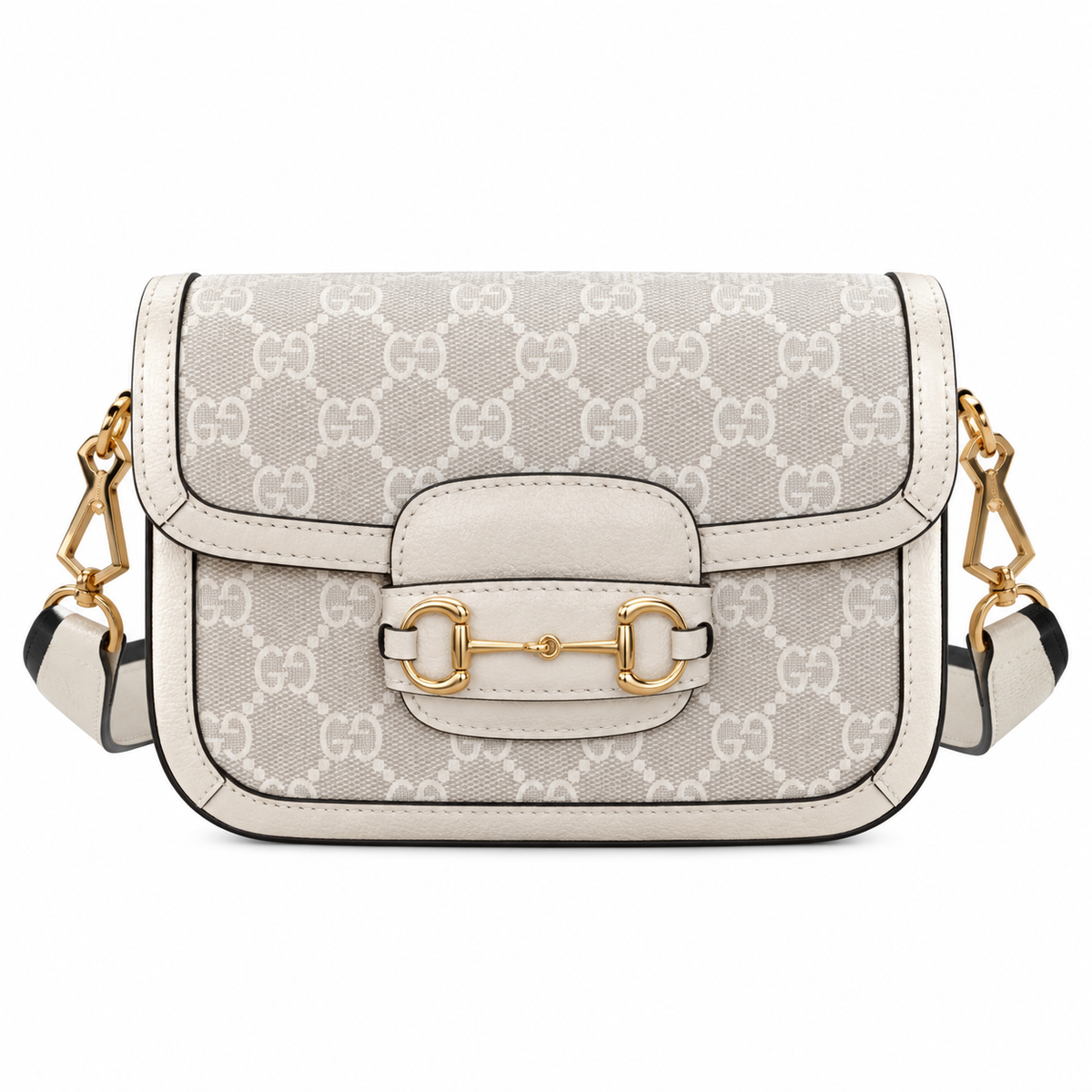 Gucci Horsebit 1955 Mini Crossbody Bag in White GG Supreme with Wide Web Strap
