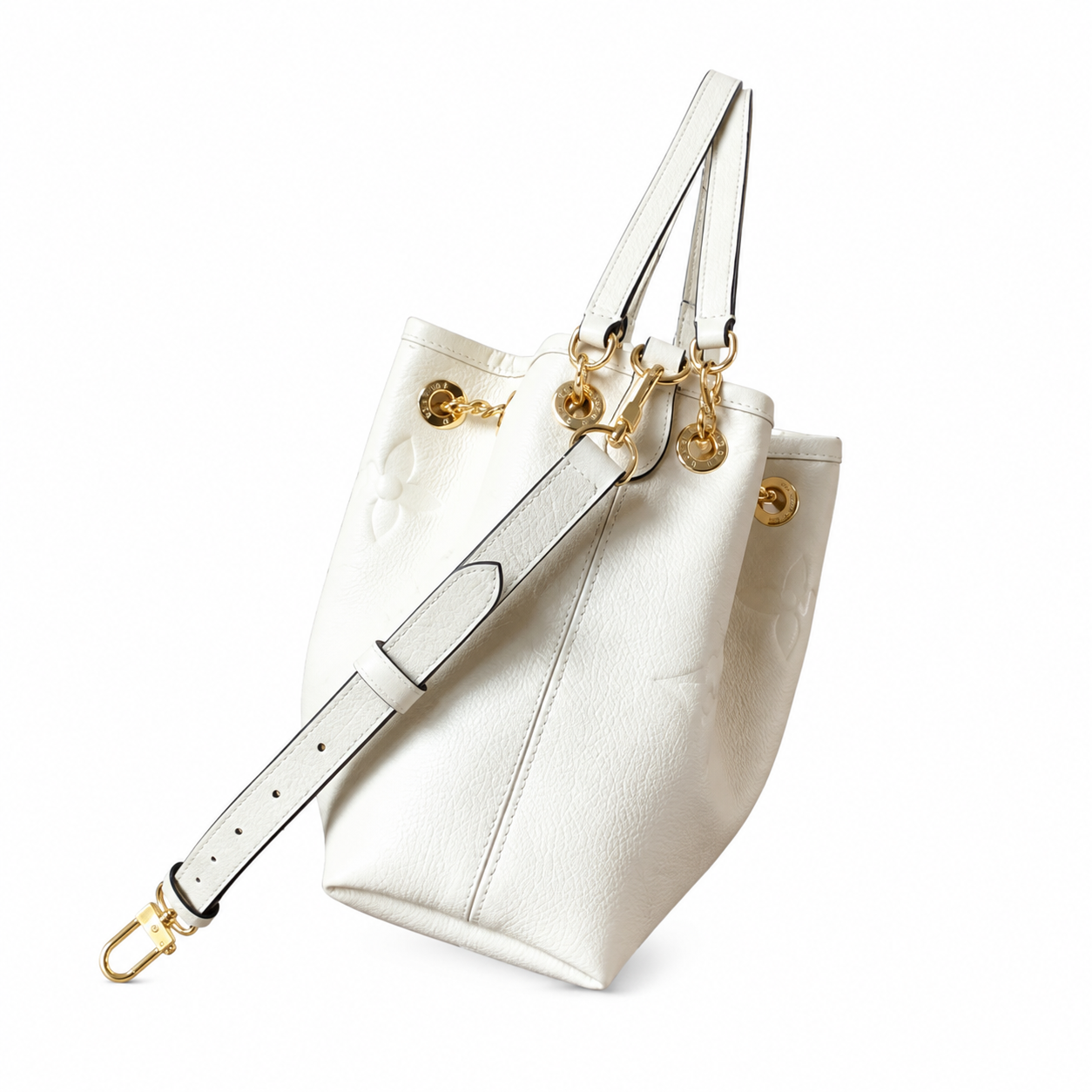 Louis Vuitton NéoNoé MM — Blanc Ivoire Empreinte, Braided Gold Drawstring & Black Handles