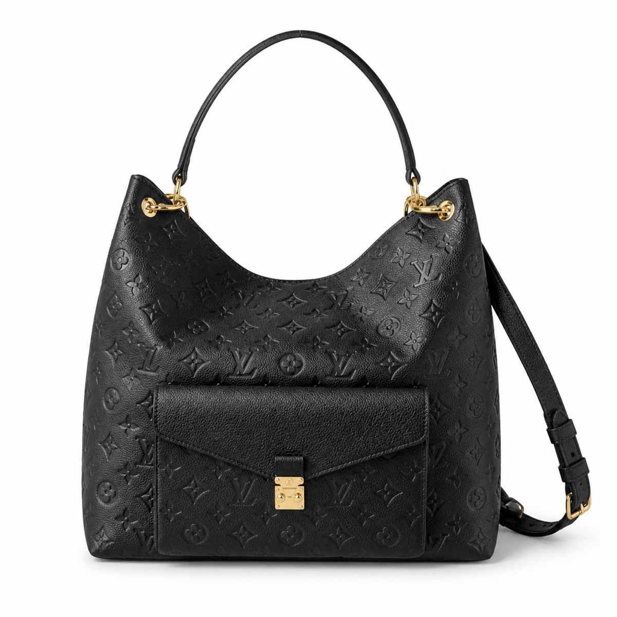 Louis Vuitton Hobo — Black Empreinte, Square LV Turn-Lock Flap & Detachable Strap