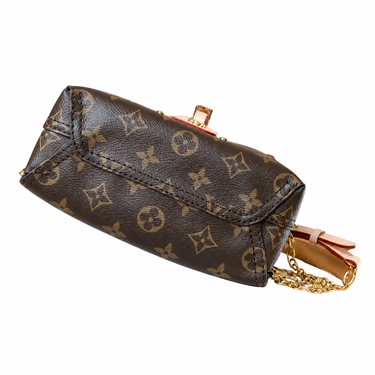 Louis Vuitton Mini Bucket — Monogram Canvas, Red-Trim Vachetta Strap & Gold Chain Base
