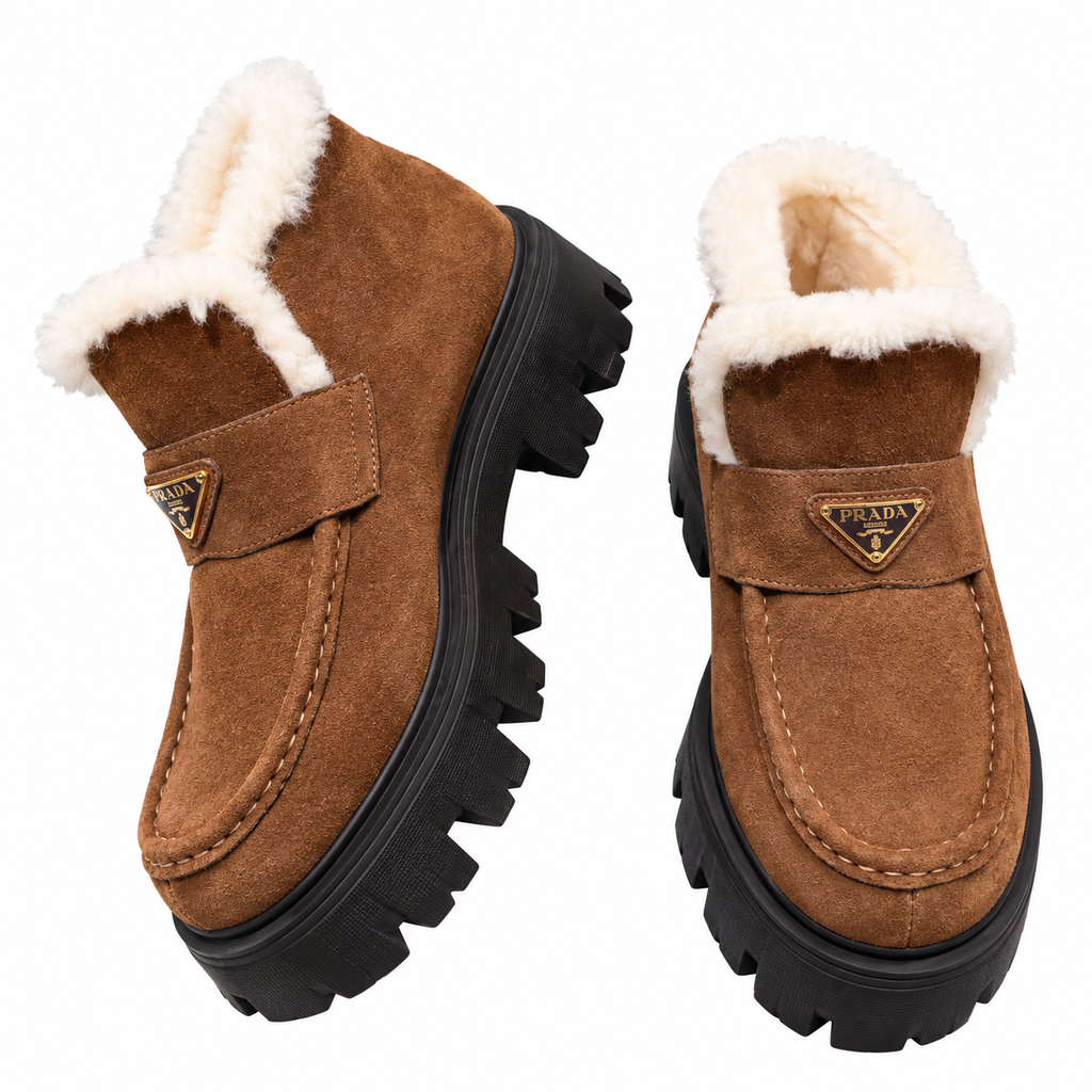 Prada Cognac Plush-Trim Lug-Sole Ankle Boots