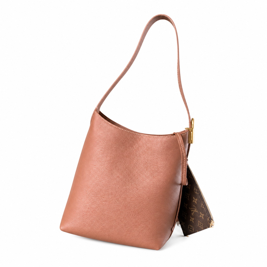 LV Rose Pink Grained Leather Shoulder Bucket Bag | With Monogram Coin Purse