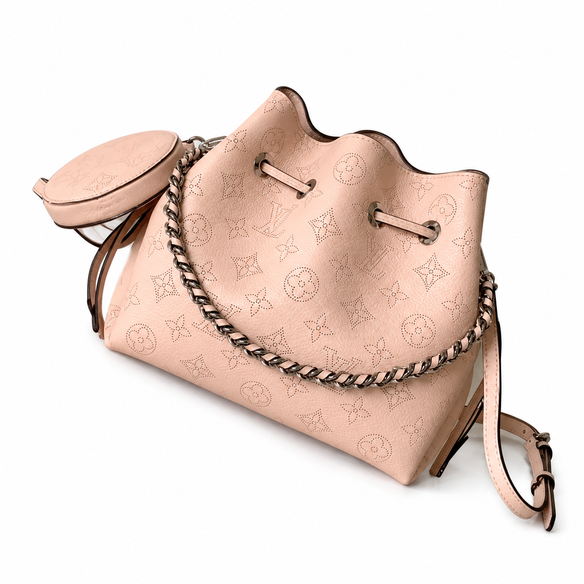 Louis Vuitton Mahina Mini Bucket — Rose Ballerine Perforated, Braided Chain Handle & Round Coin Purse Set