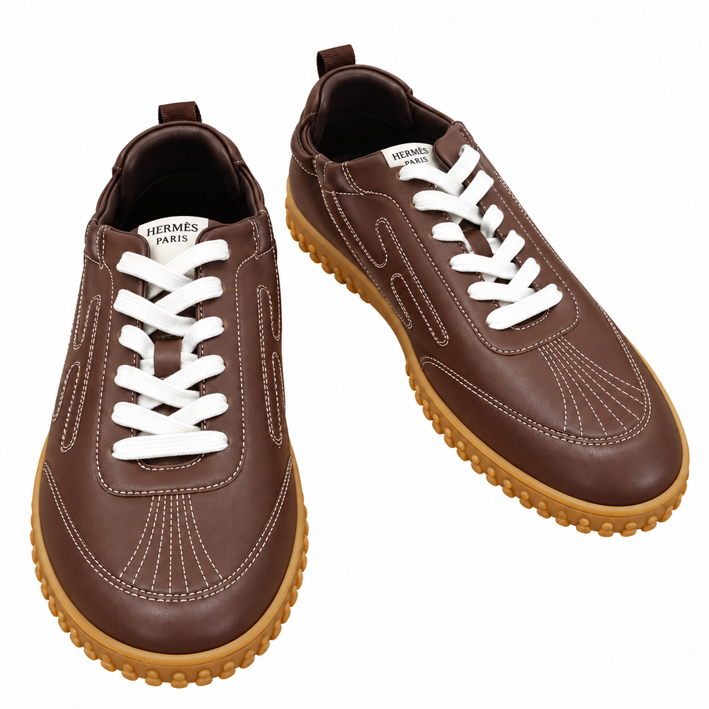 Hermès Brown Contrast-Stitch Lace-Up Sneakers