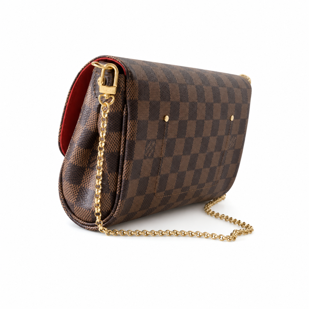 Louis Vuitton Favorite MM — Damier Ebène Canvas, Detachable Gold Chain, Dome Rivets & Zip Closure