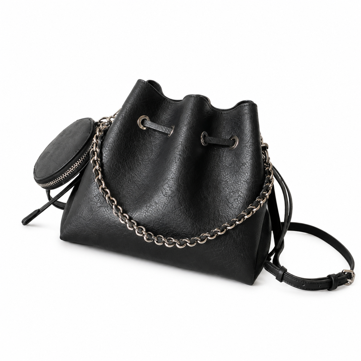 Louis Vuitton Mahina Mini Bucket — Noir Black Perforated Calfskin, Silver Chain & Tonal Drawstring