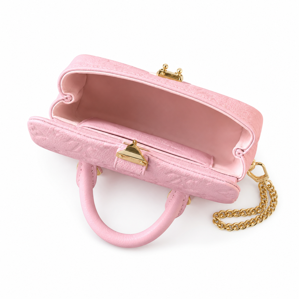 Louis Vuitton Dauphine Mini — Monogram Empreinte Leather in Rose Bonbon with Gold Chain & LV Charm