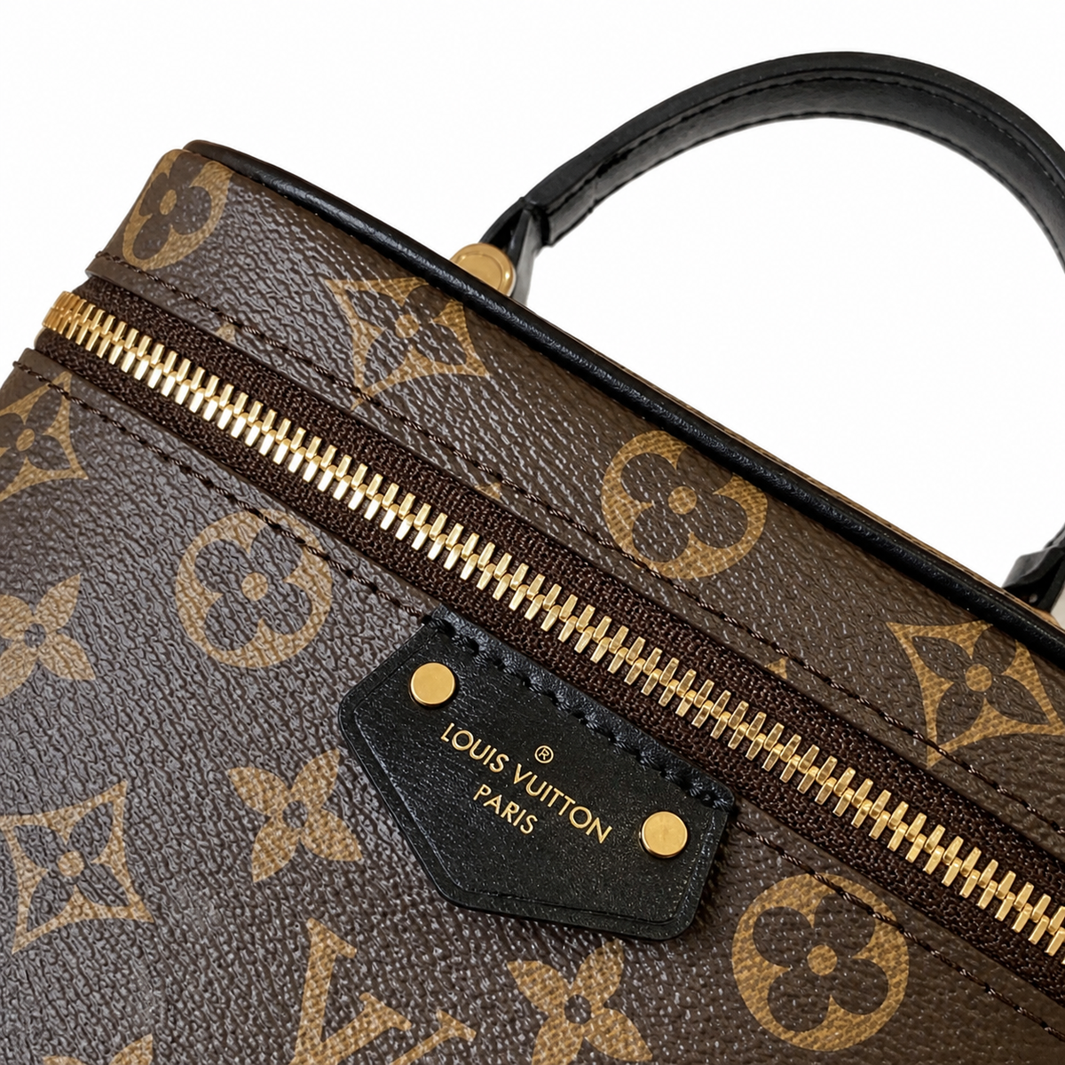 Louis Vuitton Cylinder Vanity — Monogram Canvas, Black Leather-Woven Chain & Gold Ring Clasp
