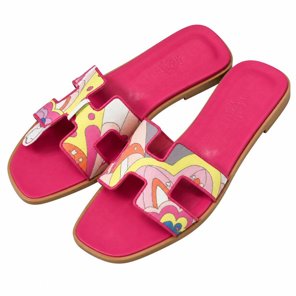 Hermès Fuchsia Printed H-Cutout Slide Sandals